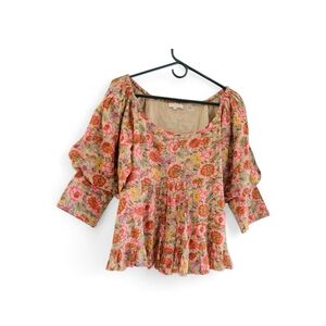By Timo Multicolor Bright Field Spring Floral Puffy Sleeve Peasant Blouse